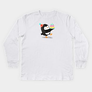 Birthday Penguin with a cake Kids Long Sleeve T-Shirt